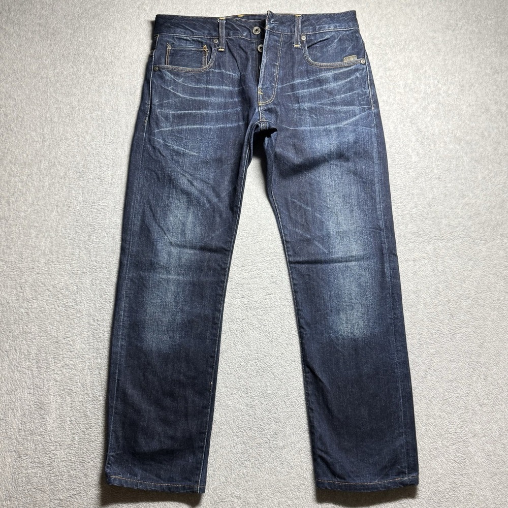 G Star Raw Jeans 31x30 Blue Attacc Straight Zip Pocket Crazy Whiskers Dark Wash